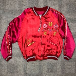 RARE 1980’s JouJou Bomber | Bright Red Rayon with Embroidery | Size M